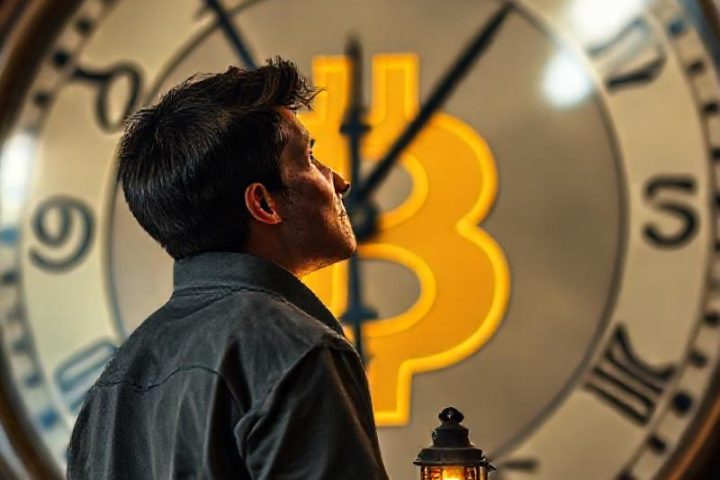 A man stands in front of a large Bitcoin clock symbolizing the passage of time, perhaps regretfully, but holds a small lantern in his hand, perhaps hopefully.